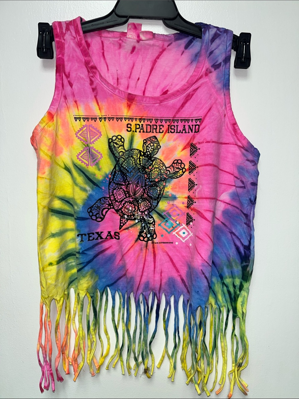 Tie-Dye Turtle Fringe Tank Top - Pink/Yellow/Blue - S. Padre Island Texas